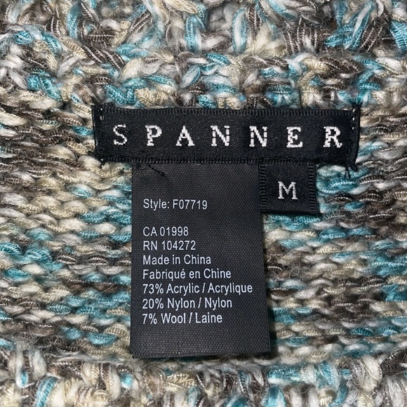 •SPANNER•NWOT TEAL/TAN/OATMEAL COWLNECK SHAWL FRINGE KNIT SWEATER SIZE MEDIUM - Picture 8 of 10